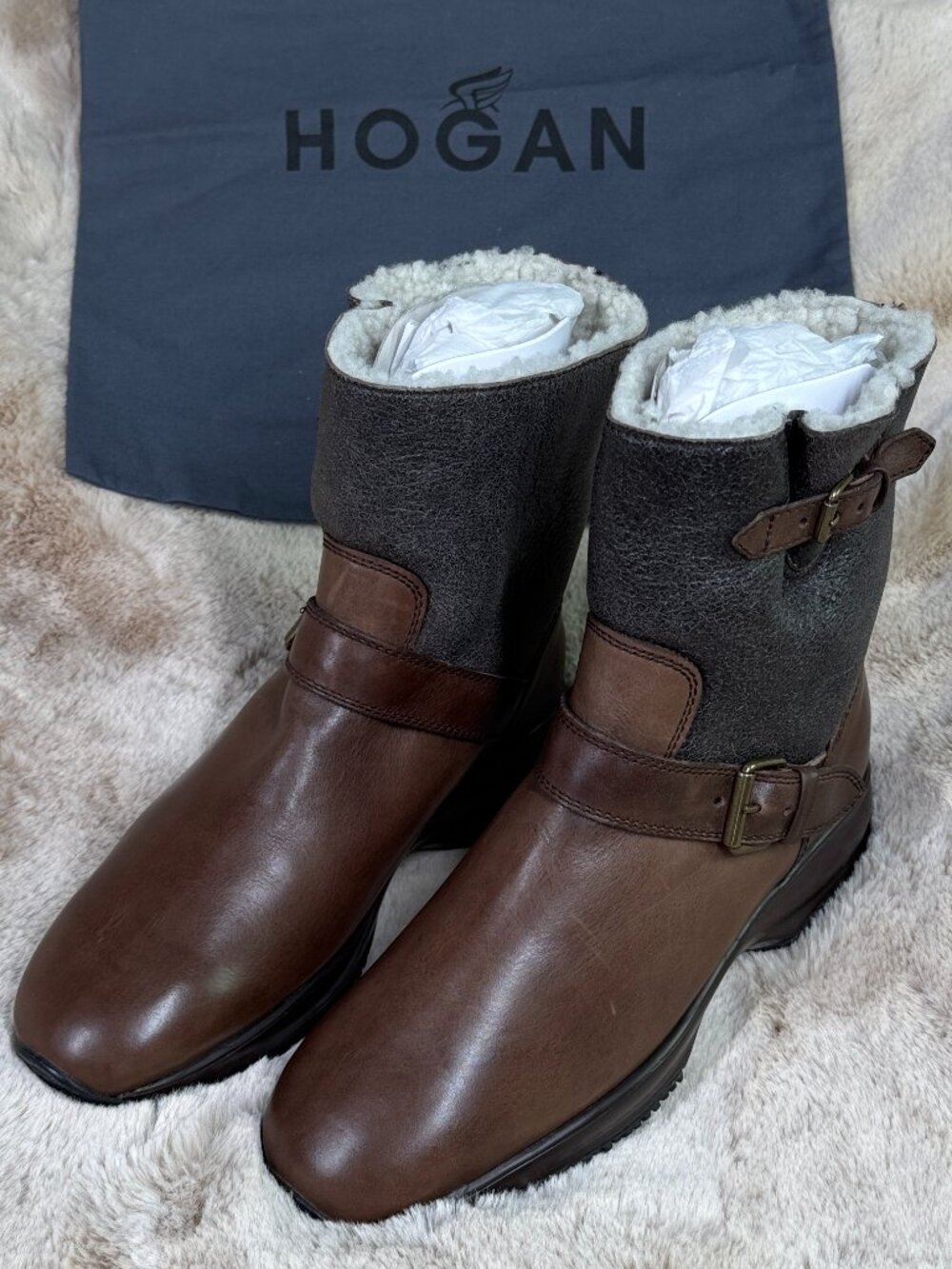 HOGAN Brown Leather Sneaker Boots with Shearling Lining Gold Buckles EU 38.5